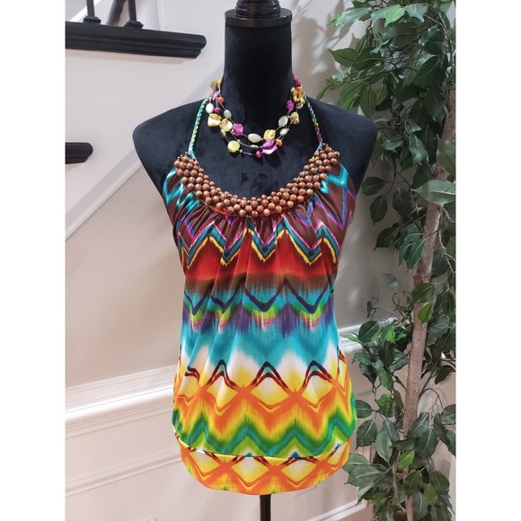 Heart Soul Women Multicolor Beaded Halter Neck Sleeveless Casual Top Blouse L - Picture 1 of 12